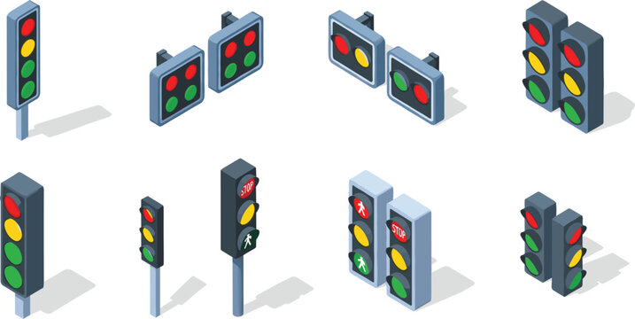 Isometric Traffic Light Signal Vector Set with Road Intersection Lights, Stop Go Indicators, and Urban Transportation Control Illustration
