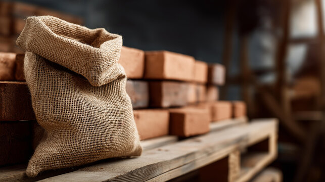 Stack of bricks and a burlap sack on a wooden pallet in a warehouse storage setting. Defocused background. Bricks and sack, wooden pallet, warehouse bricks, construction storage,,