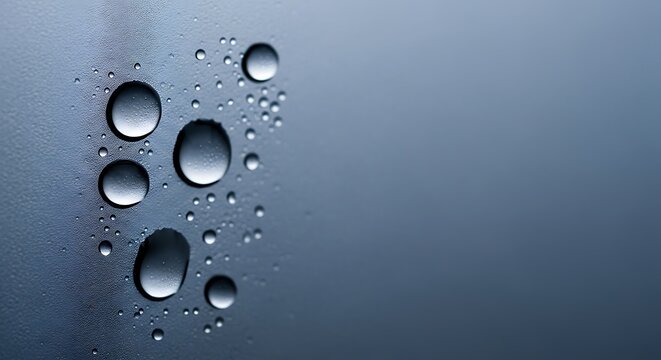 Water droplets on a smooth dark surface, reflecting light with varying sizes and shapes