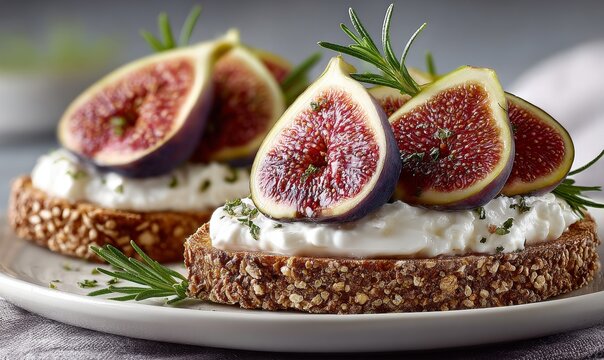 Cream cheese and fresh fig slices with vivid pink flesh atop a toasted fig, all arranged on a spotless white ceramic plate