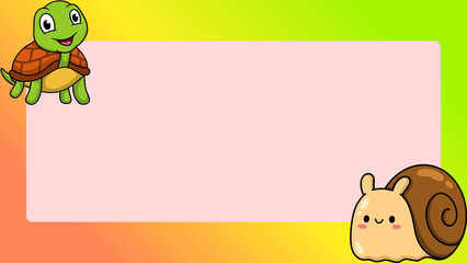Delightful cartoon turtle and snail frame with a blank pink banner on a vibrant gradient background, ideal for children's announcements, name tags, or creative text overlays © Senandung