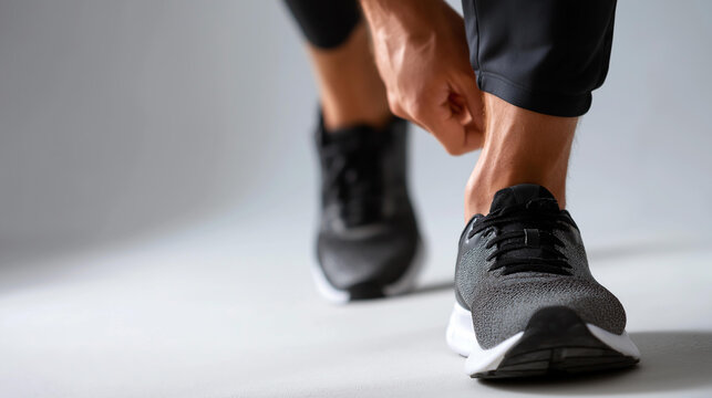 Rear view of faceless runner's legs on a clean white background for athletic and fitness concept use. Runner legs, white background, jogging concept, male athlete,, with copy space