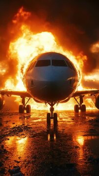 Plane explosion scene: burning tail, falling part, spreading flame, loud blast, thick smoke, broken cockpit, chaotic rescue, melted frame, glowing heat, eerie quiet, distant mountain, dark sky.