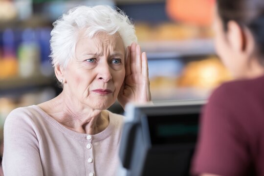 Frustrated Senior Woman Cannot Hear Cashier at the Store