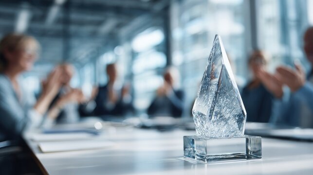 Crystal trophy on table with people