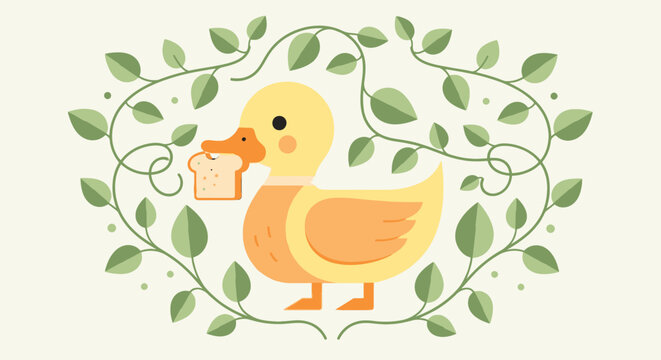 A whimsical cartoon duck holding bread, framed by green leaves, set against a cream background