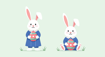 Fototapeta premium An adorable flat design illustration of a friendly Easter bunny holding a beautifully decorated egg, embodying the spirit of the holiday. This clean and minimalist 2D vector is perfect for spring 