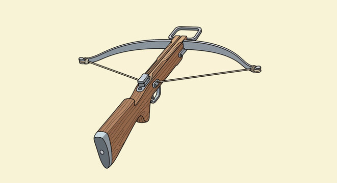 An illustration depicting a wooden and metal crossbow on a light yellow background