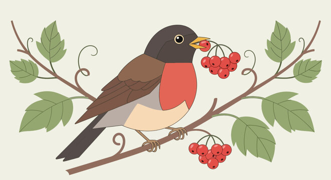A bird with a red breast is perched on a branch, eating berries, surrounded by leaves