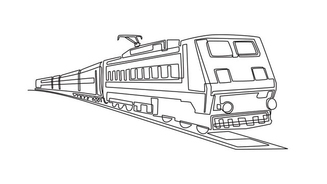 Animated self drawing of continuous line draw electric passenger train with locomotive and carriages on rail track. Intercity travel, public transit, and rail transport. Full length one line animation