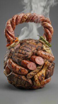 Kettlebell made of grilled meat and sausages isolated on gray background, unhealthy fitness concept, junk food humor, diet failure. Static video.