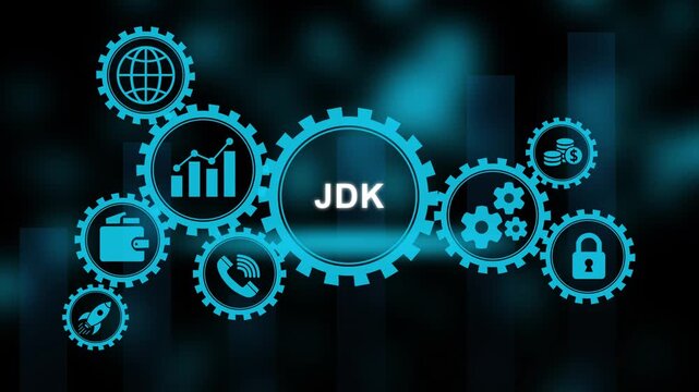 JDK concept with interconnected gears and icons representing global business finance technology and innovation on a dark blurred background