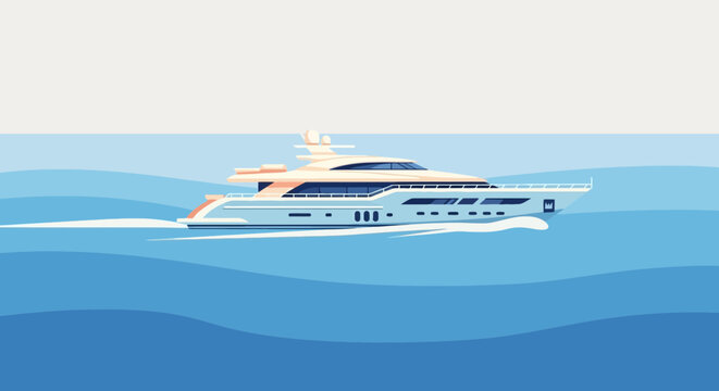 A white and light blue yacht sailing on the ocean with a cream-colored top deck