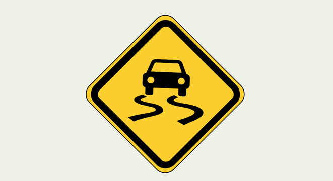A yellow diamond road sign featuring a black car above a winding road, warning of slippery conditions