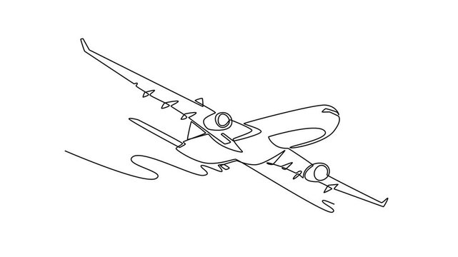 Animated self drawing of continuous line draw twin-engine commercial jet aircraft flying through the sky. Modern public aviation, rapid transport, and global air travel. Full length one line animation