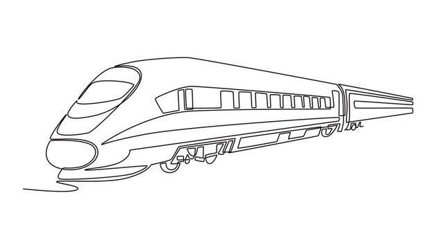 Animated self drawing of continuous line draw high speed express train with aerodynamic profile for intercity travel. Rapid rail transport, technology, and commuting. Full length single line animation