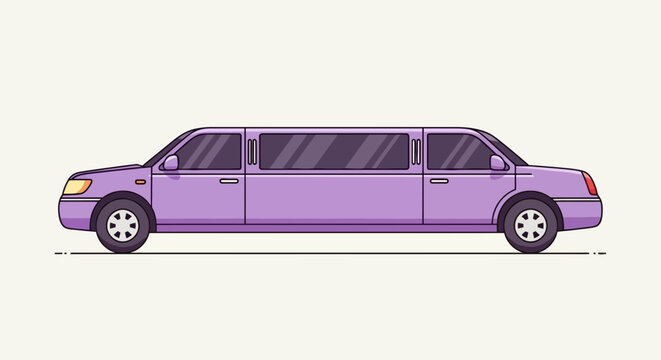 A side-view illustration of a purple limousine with tinted windows. It has a flat design