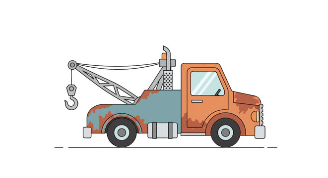 Flat illustration of a weathered tow truck, featuring a boom and hook