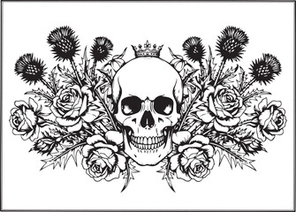 Fototapeta premium Macabre skull adorned with a regal crown, surrounded by thorny roses and thistles, in a dark, artistic, and detailed graphic illustration style.