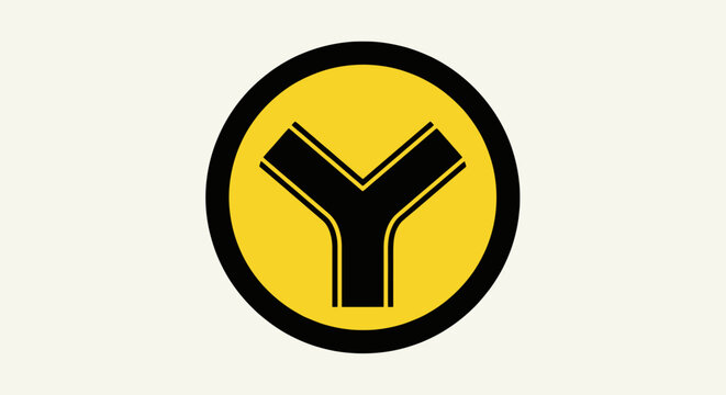 A road sign graphic, circular, black outlined. A yellow center has a black Y-shaped design