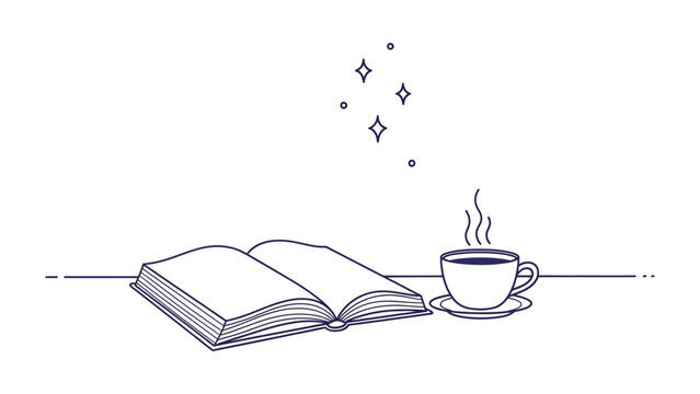Literary Respite: An open book and a steaming cup of coffee evoke the joy of reading, imagination, and quiet contemplation. This illustration captures the essence of a tranquil moment.