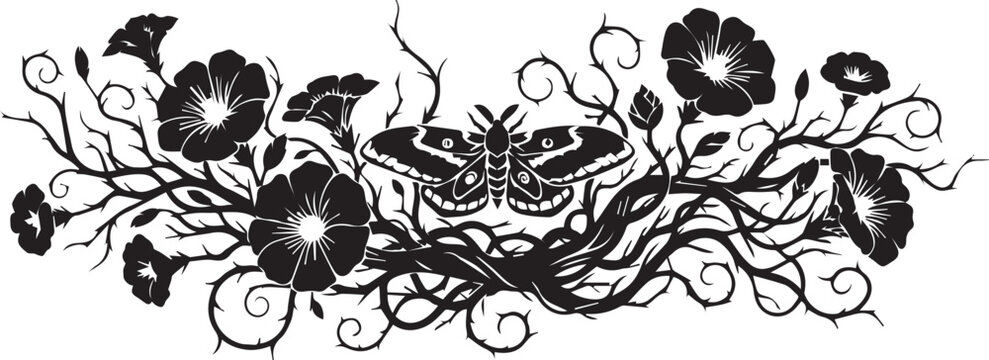 Gothic death's-head hawk-moth in a swirling thorny vine arrangement with blooming morning glory flowers.