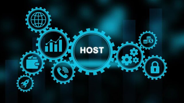 Host Concept With Interconnected Gears And Icons On Dark Background hosting server