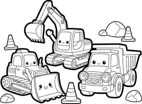 Cute Construction Vehicles Cartoon Coloring Page
