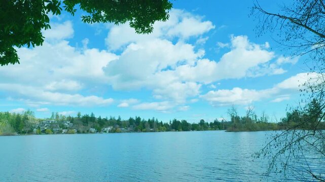 Florence Lake landscape with residential houses in Langford BC Canada