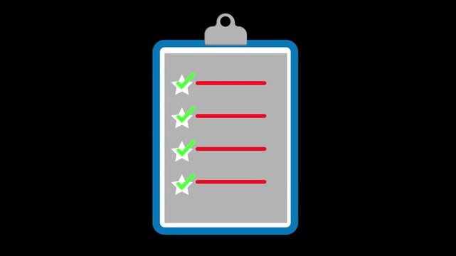 Clipboard checklist task management animation on black background. Clipboard checklist productivity and to do list concept. Clipboard checklist work flow planning icon motion graphic.