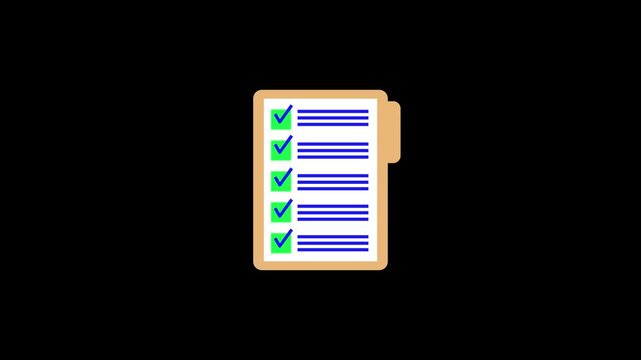 Clipboard checklist with five completed tasks animation on dark background. Clipboard checklist task completion productivity concept. Clipboard checklist workflow progress planning visual.
