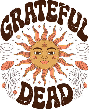 Grateful Dead sun and flowers retro design with groovy font and stars