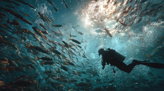 Marine Biologist Swims With Colorful Fish in Tropical Waters Promoting Ocean Health and Conservation Efforts for Marine Life