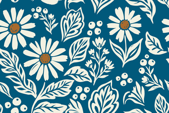 Daisy floral seamless pattern with leaves on teal background.