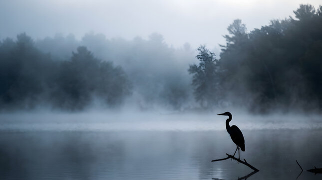 A heron silhouette stands on a branch over misty water with trees in the background on a foggy day