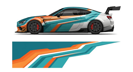 Obraz premium Colorful teal and orange racecar with bold graphic livery and racing stripes.
