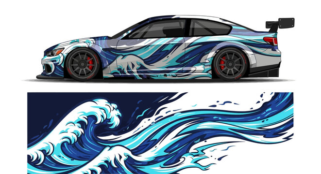 Blue Wave Graphic Race Car with Ocean Inspired Livery and Dynamic Side Profile.