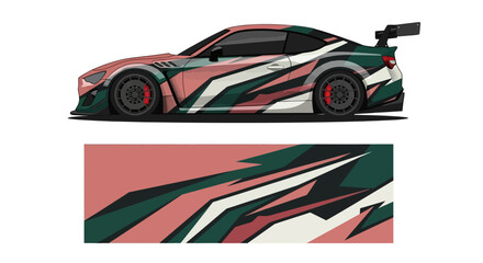 Obraz premium Sleek race car with bold multi color livery and abstract stripe design.