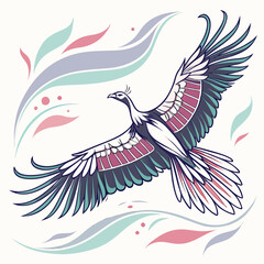 Fototapeta premium A colorful bird with pink, green, and purple feathers flying through the air with swirling leaves and dots around it