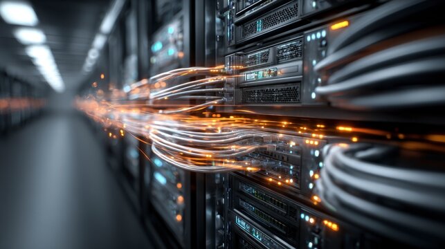 Server racks glow with data streams flowing through the aisle. Fiber cables pulse with light, connecting powerful machines. Deep shadows frame rows of silent, humming hardware
