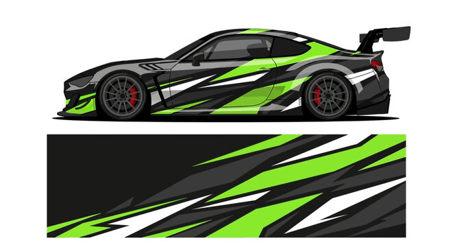 Side view of a neon green and black racing car with dynamic graphic livery for motorsport.