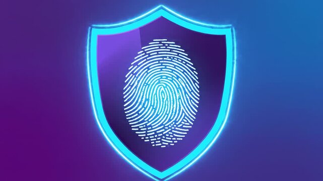 Digital identity security shield with fingerprint scan technology representing secure authentication and data protection cyber safety
