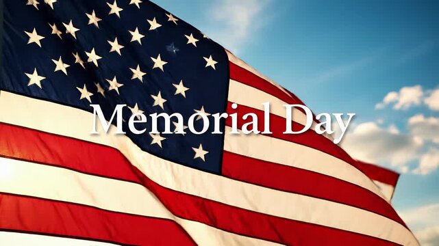 Memorial Day text animation. Simple white typography over waving realistic American flag on blue sky background for national patriotic holiday honor and remembrance video