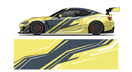 Fototapeta premium Vibrant yellow race car with bold graphics and sleek design beside abstract banner.
