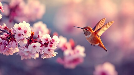 Naklejka premium A vibrant hummingbird flits gracefully amidst blooming cherry blossoms. The soft colors evoke a serene, springtime atmosphere. Perfect for nature-themed projects. AI