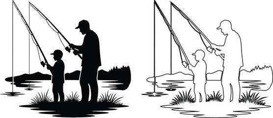 Father teaching young boy how to fish by the water © Mahadi