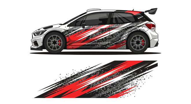 Sleek red and black sportscar with racing graphics and dynamic racing stripes.