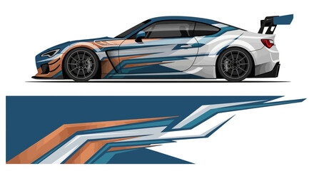 Obraz premium Stylized blue and orange race car with graphic stripes and sleek design.
