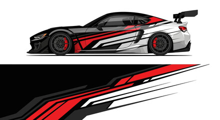 Side view of a high speed sports car with bold red black white stripes and dynamic graphic design. © Lailatul