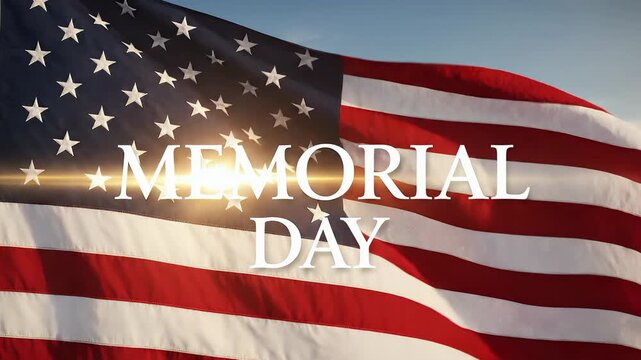 Memorial Day text animation. Elegant white typography with bright moving lens flare over waving American flag background for patriotic holiday remembrance video